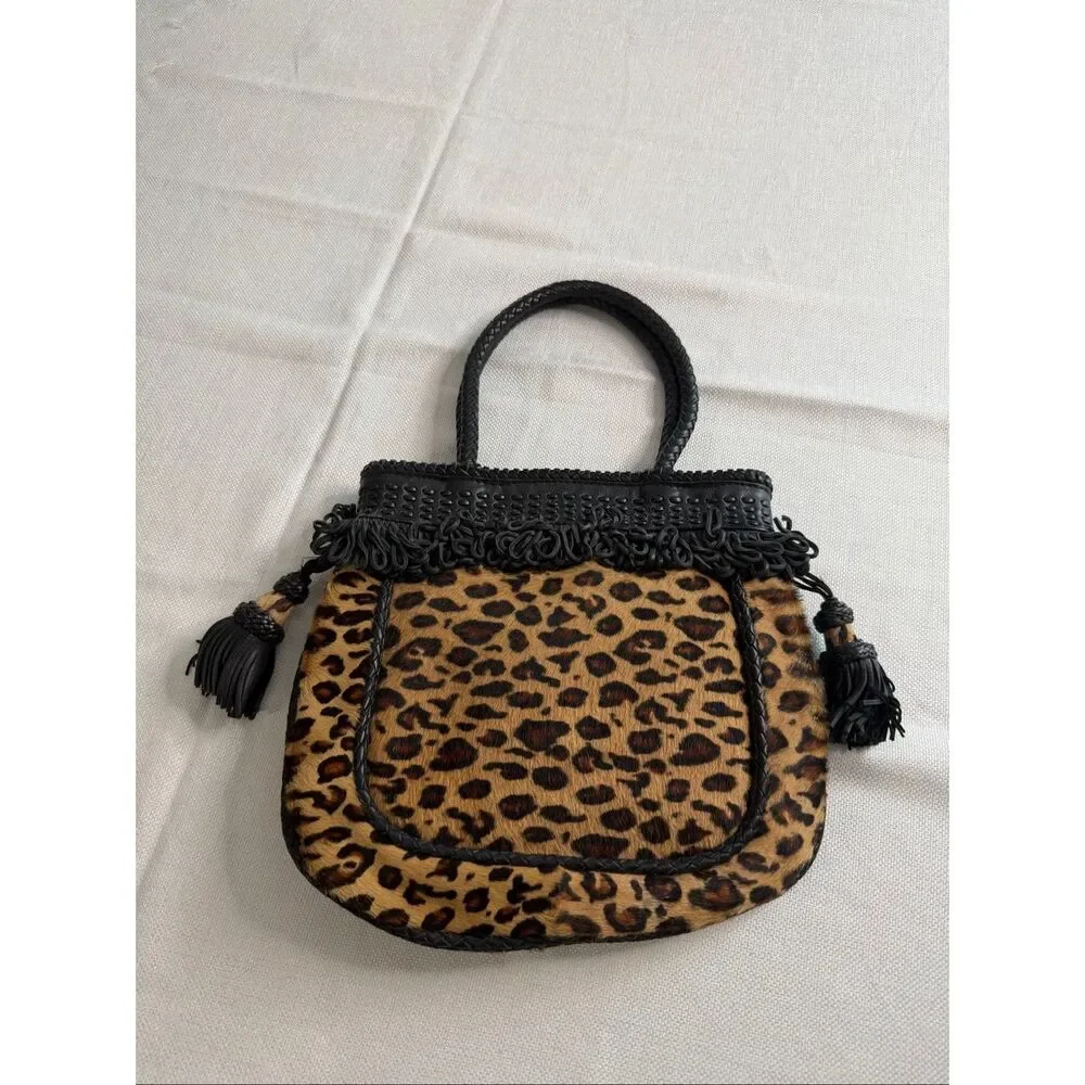 Francesco Biasia Leopard Haircalf Leather Tassel Satchel Top Handle Bag Italy